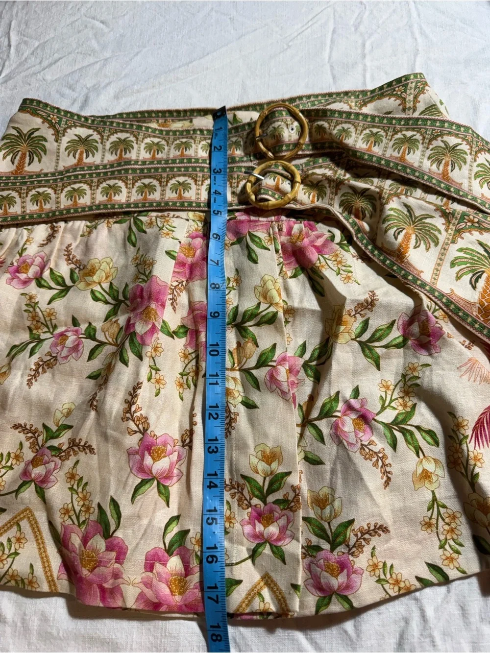 FARM Rio Palm Dream Mini Skirt Large Floral Linen Wrap Bamboo Buckles NWT